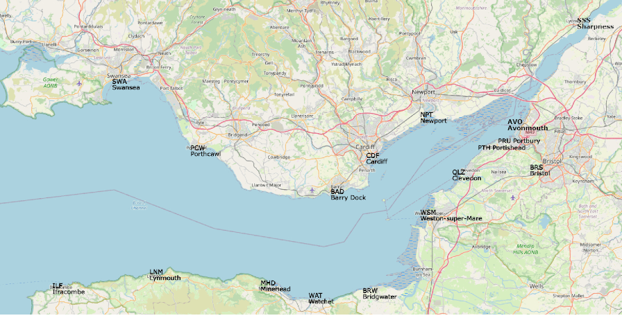 Map showing international port codes and locations of main ports in the Bristol Channel