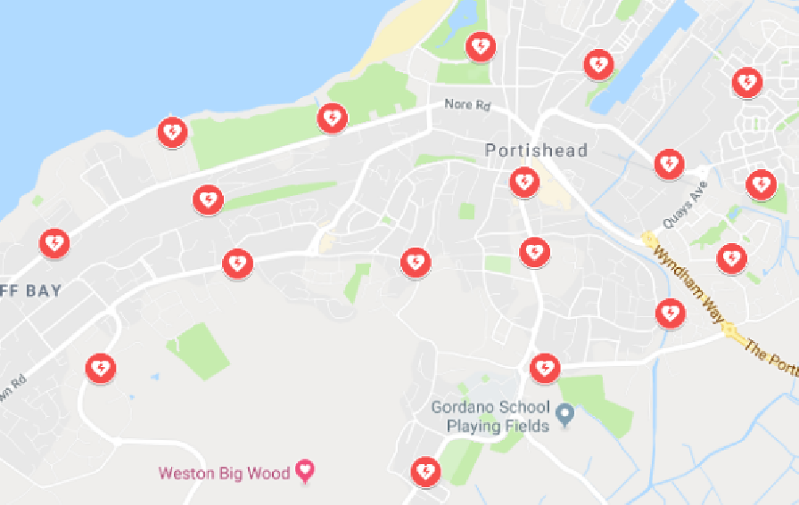 map showing some of the defibrillators in portishead