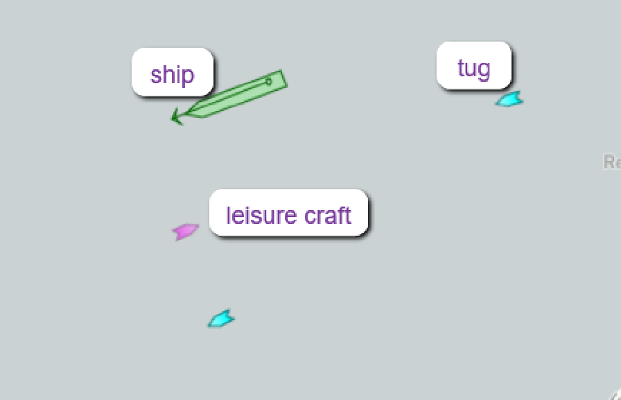 part of marine traffic display showing common types pf vessel seen in the Bristol Channel